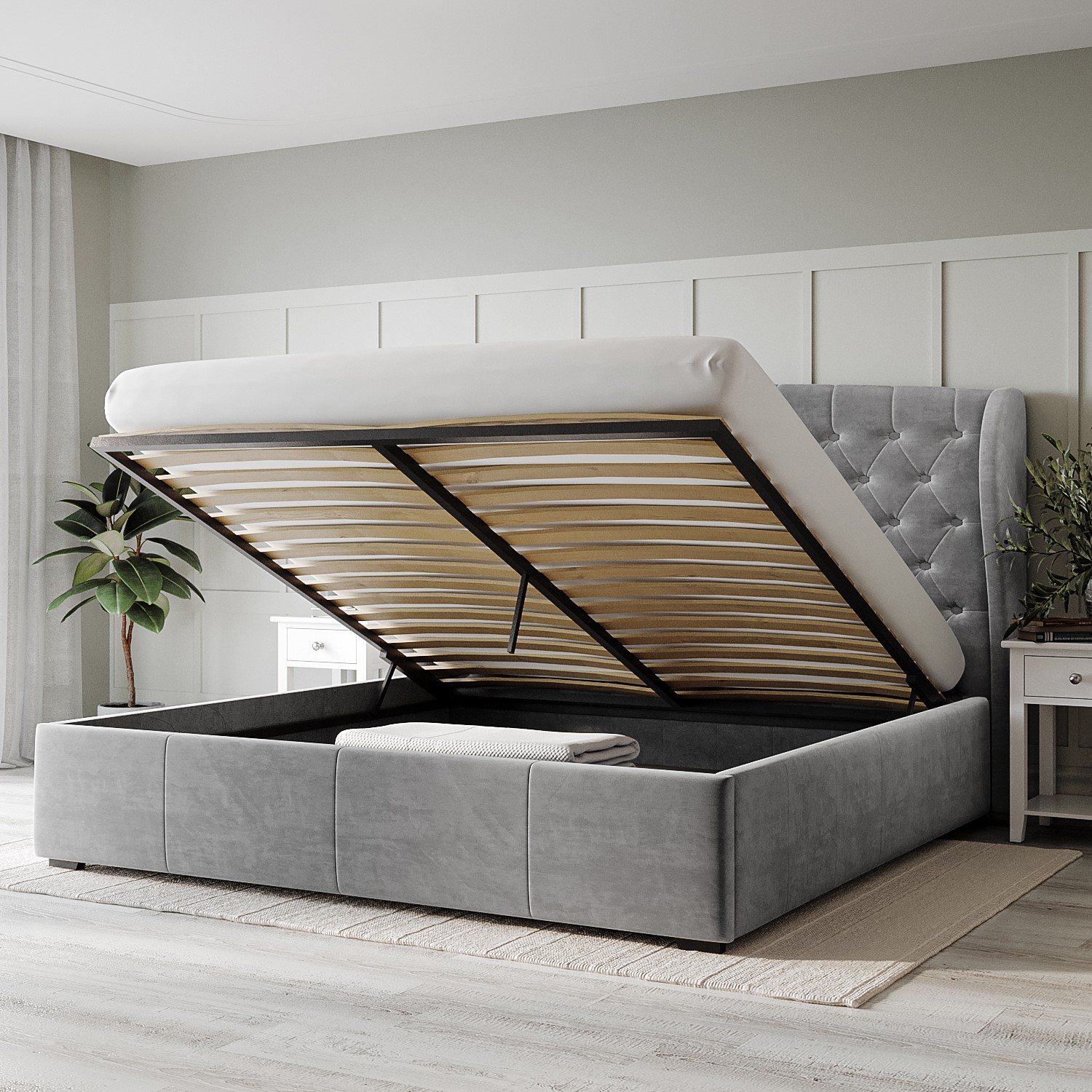Read more about Grey velvet super king ottoman bed with winged headboard safina